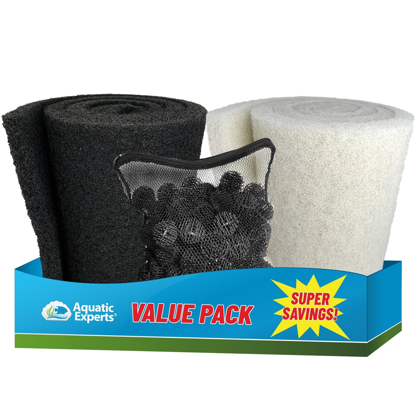 Pond Bundle - BioBall 100 Count with Mesh Bag + Black Coarse 12"x72" + White Fine 12"x72" Bundle