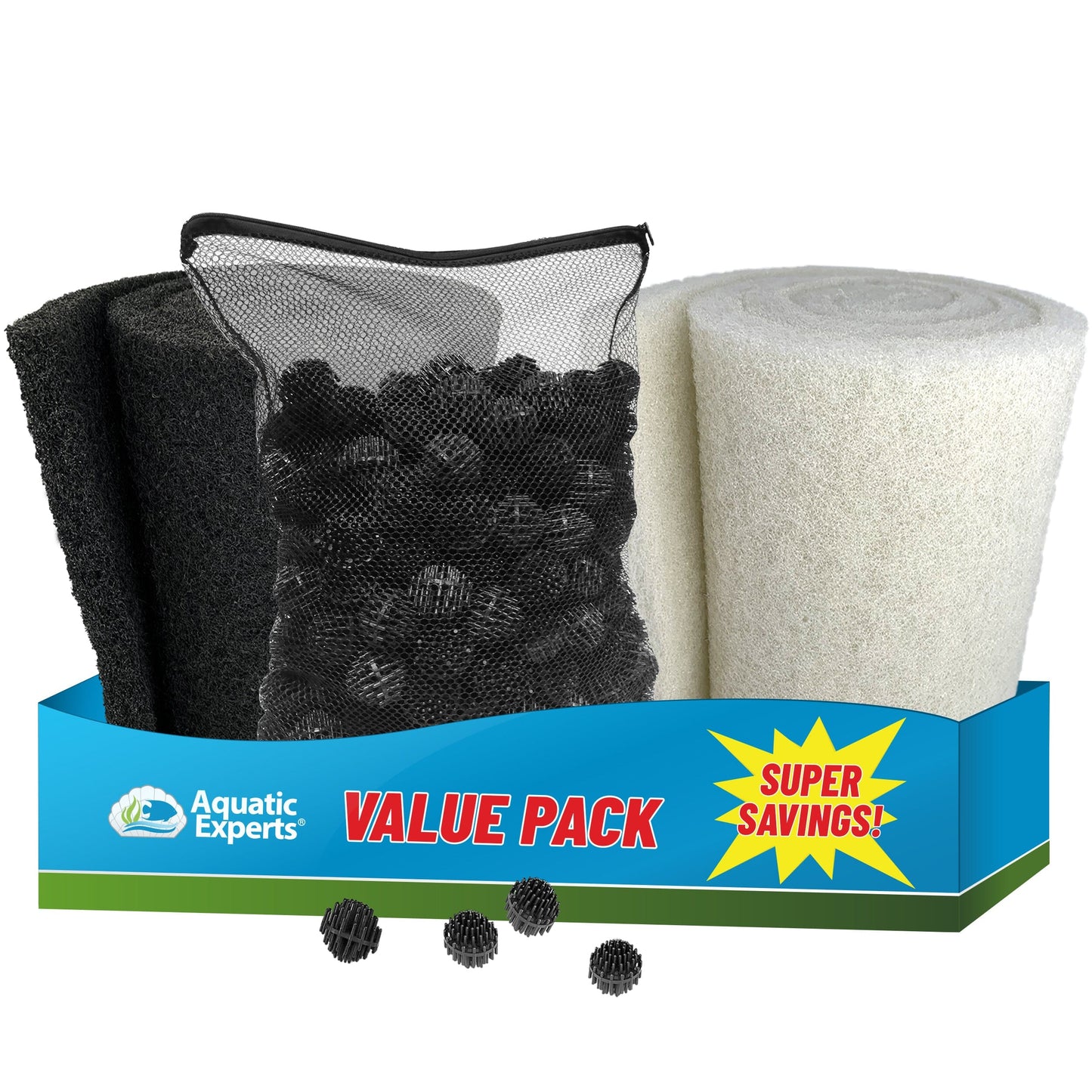 Pond Bundle - White Fine Filter Pad 12" x 72", Black Coarse FIlter Pad 12" x 72", 300 Count BioBalls with Mesh Bag