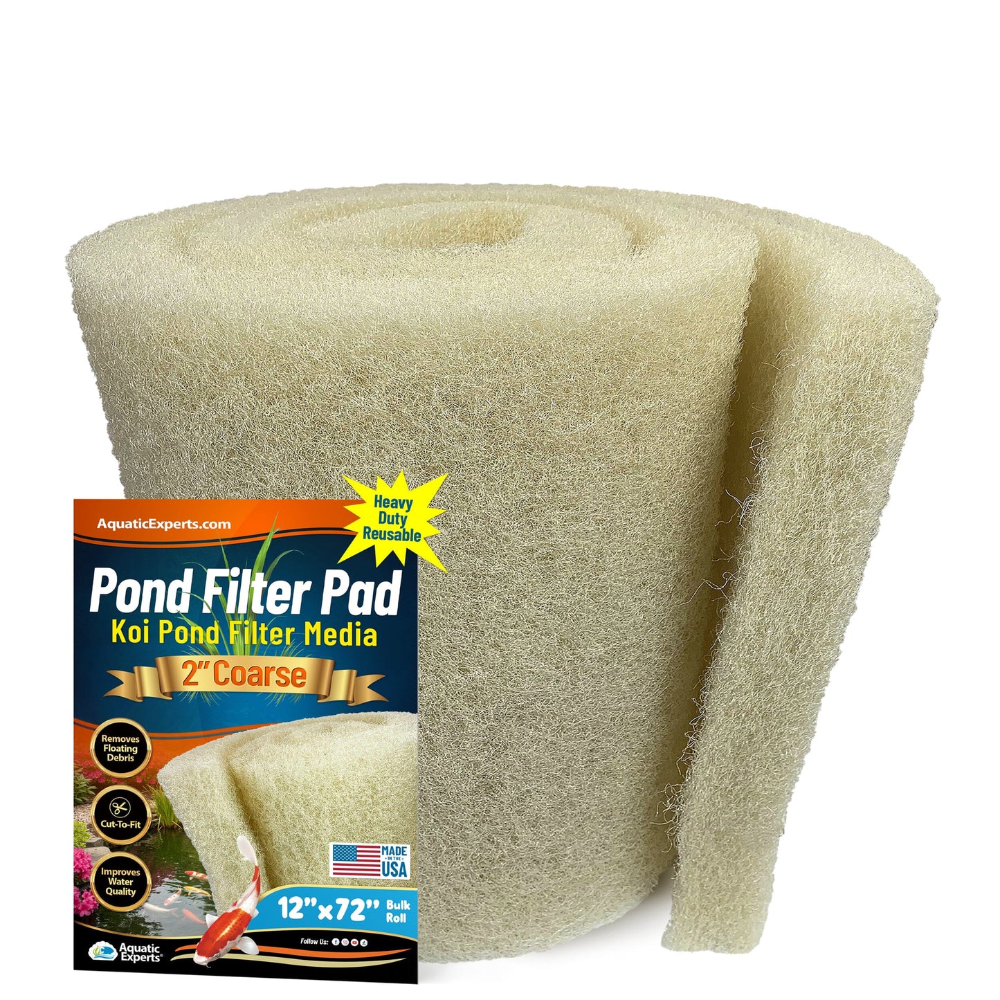 Cream COARSE Koi Pond Filter Pad - 2" Thick Bulk Roll Filter Media for Water Gardens - Made in USA