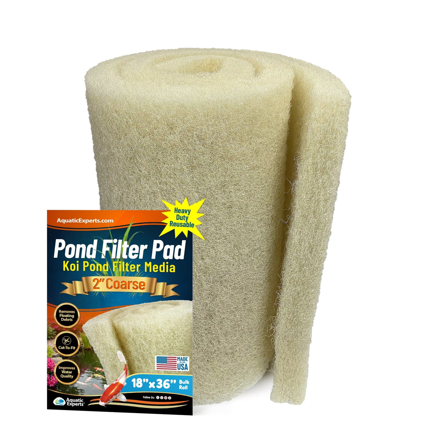 Cream COARSE Koi Pond Filter Pad - 2" Thick Bulk Roll Filter Media for Water Gardens - Made in USA