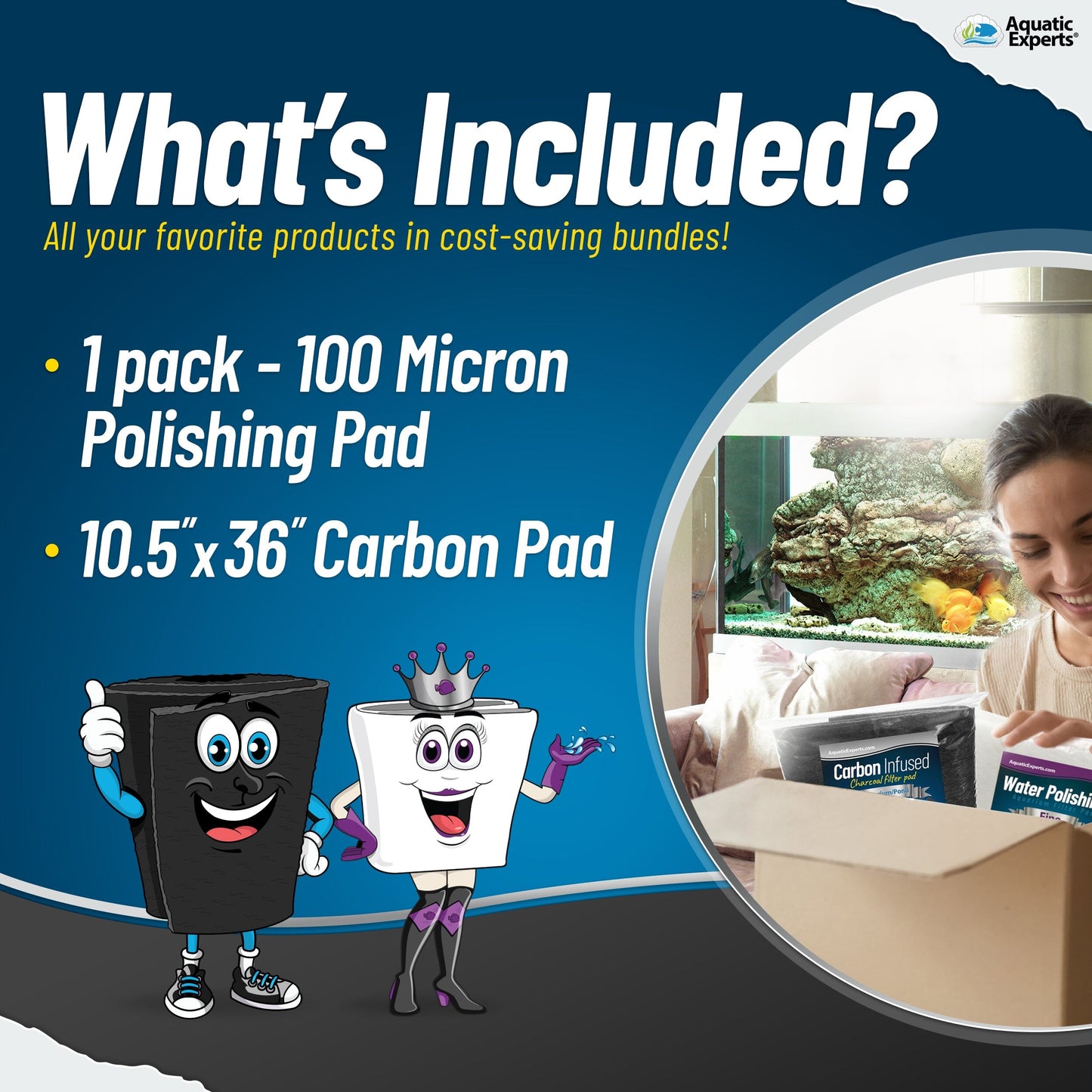 Aquarium Bundle - Carbon Pad Bundle - Carbon Pad Filter 10.5" x 36" & Water Polishing Pad 24" x 36" 100 Micron - 1 pack