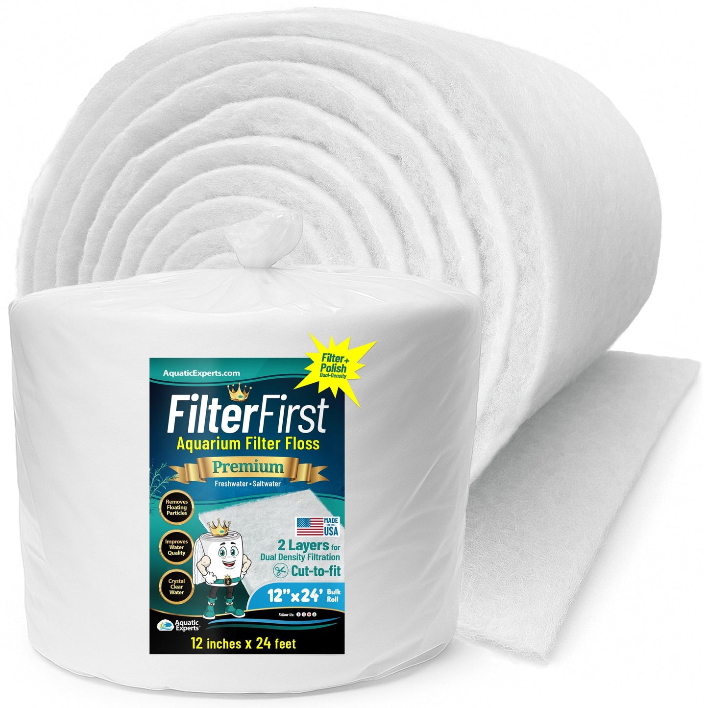 Aquarium Filter Floss for Fish Tank Filters - FilterFirst Pad - Media Roll for Crystal Clear Water