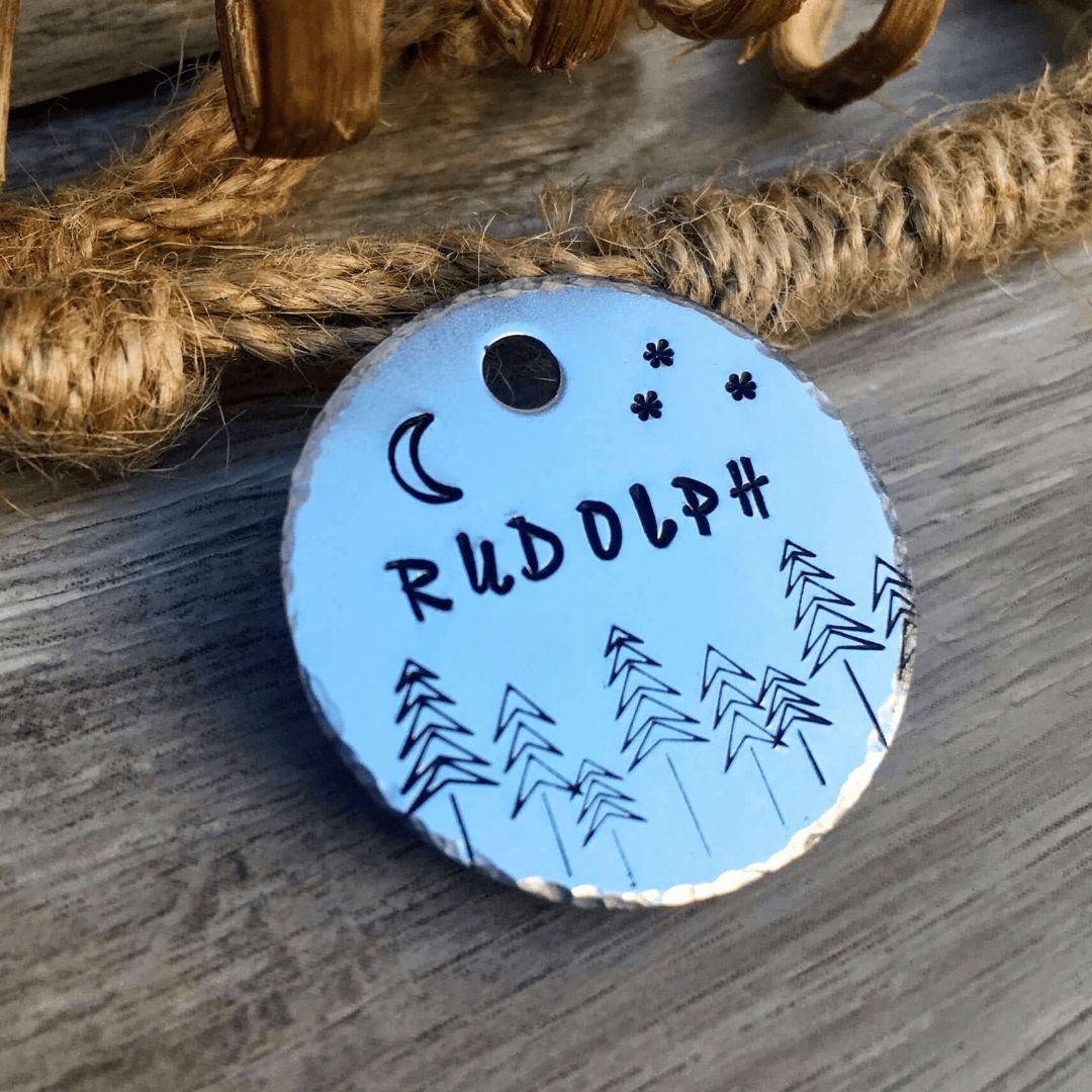 Moon and Forest Handstamped - Pet ID Tag