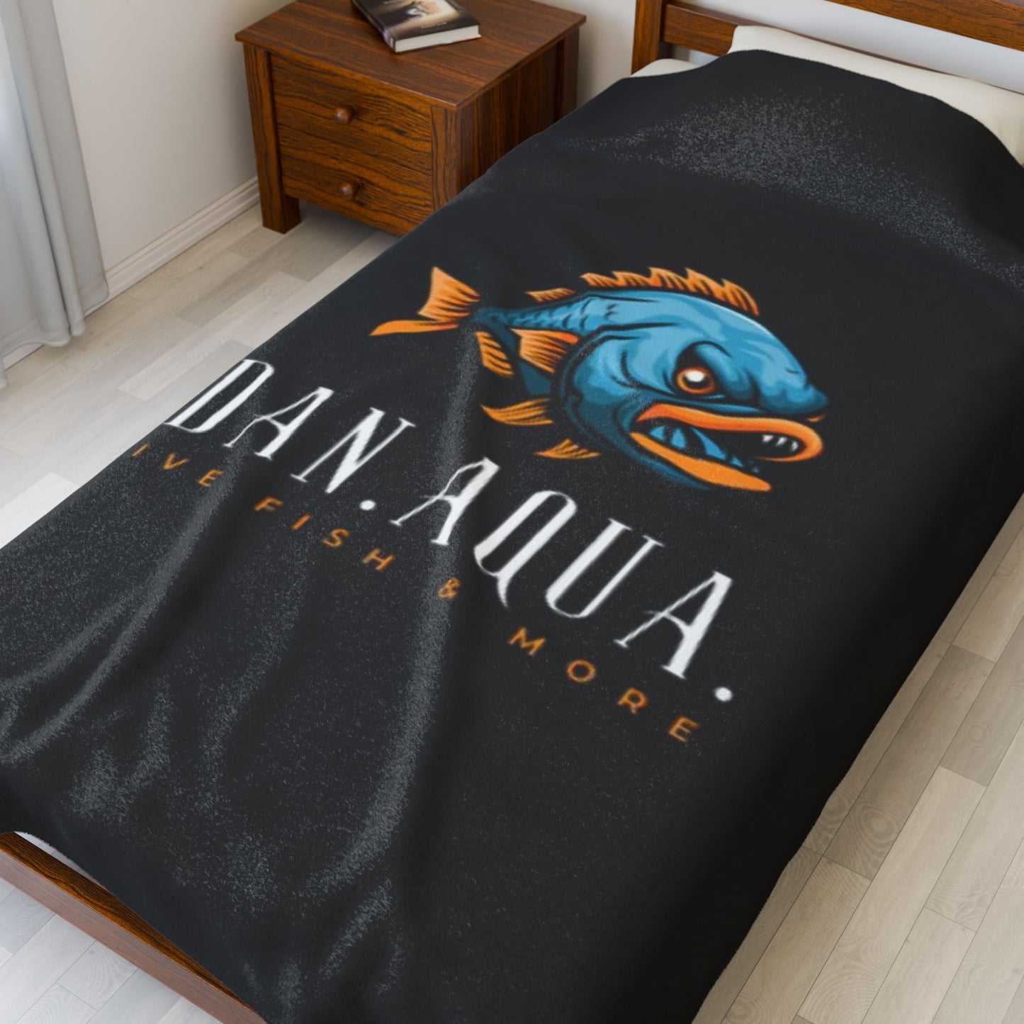 Velveteen Plush Blanket — Dan.Aqua Angry Fish Logo Plush Blanket (Live Fish & More)