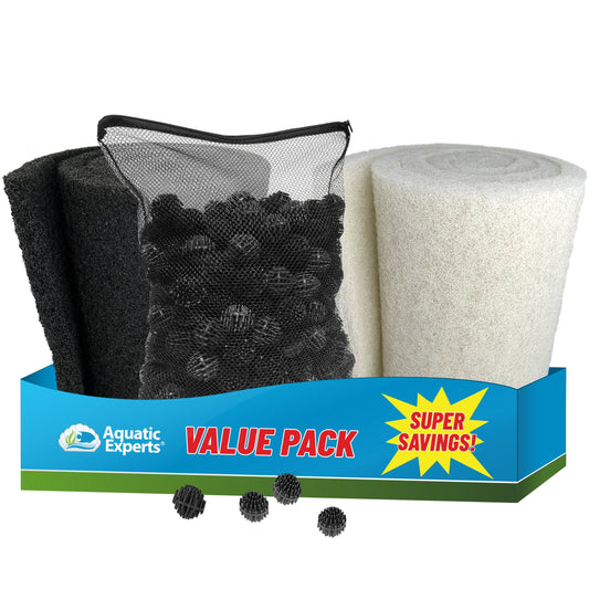 Pond Bundle - White Fine Filter Pad 12" x 72", Black Coarse FIlter Pad 12" x 72", 300 Count BioBalls with Mesh Bag