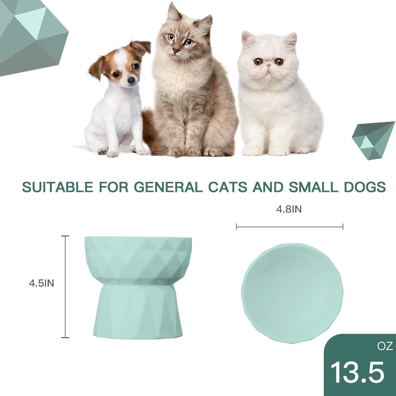 Elevate Mealtime with Our Anti-Vomiting Ceramic Cat Bowls - Stylish Raised Food and Water Set for Cats and Small Dogs, 13.5 Oz, Green