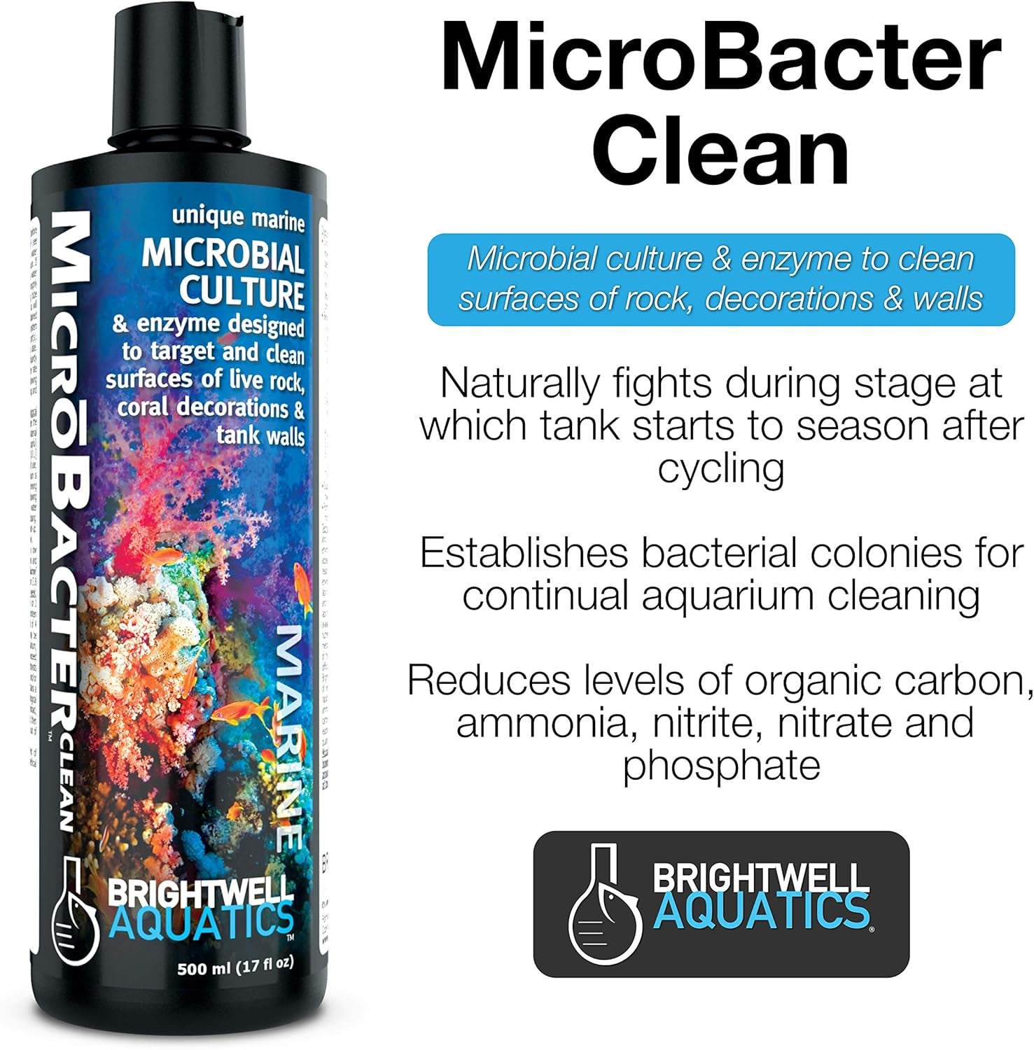Microbacter Clean - Microbial Culture & Enzyme Blend Fish Tank Cleaner - Cleans Live Rock Surfaces for Saltwater Fish Habitats 