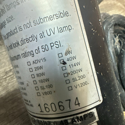 Aqua Ultraviolet 40 watt UV Clarifier/Sterilizer, 2" White w/ Wiper, A00060 (USED TESTED NEEDS NEW BULB)