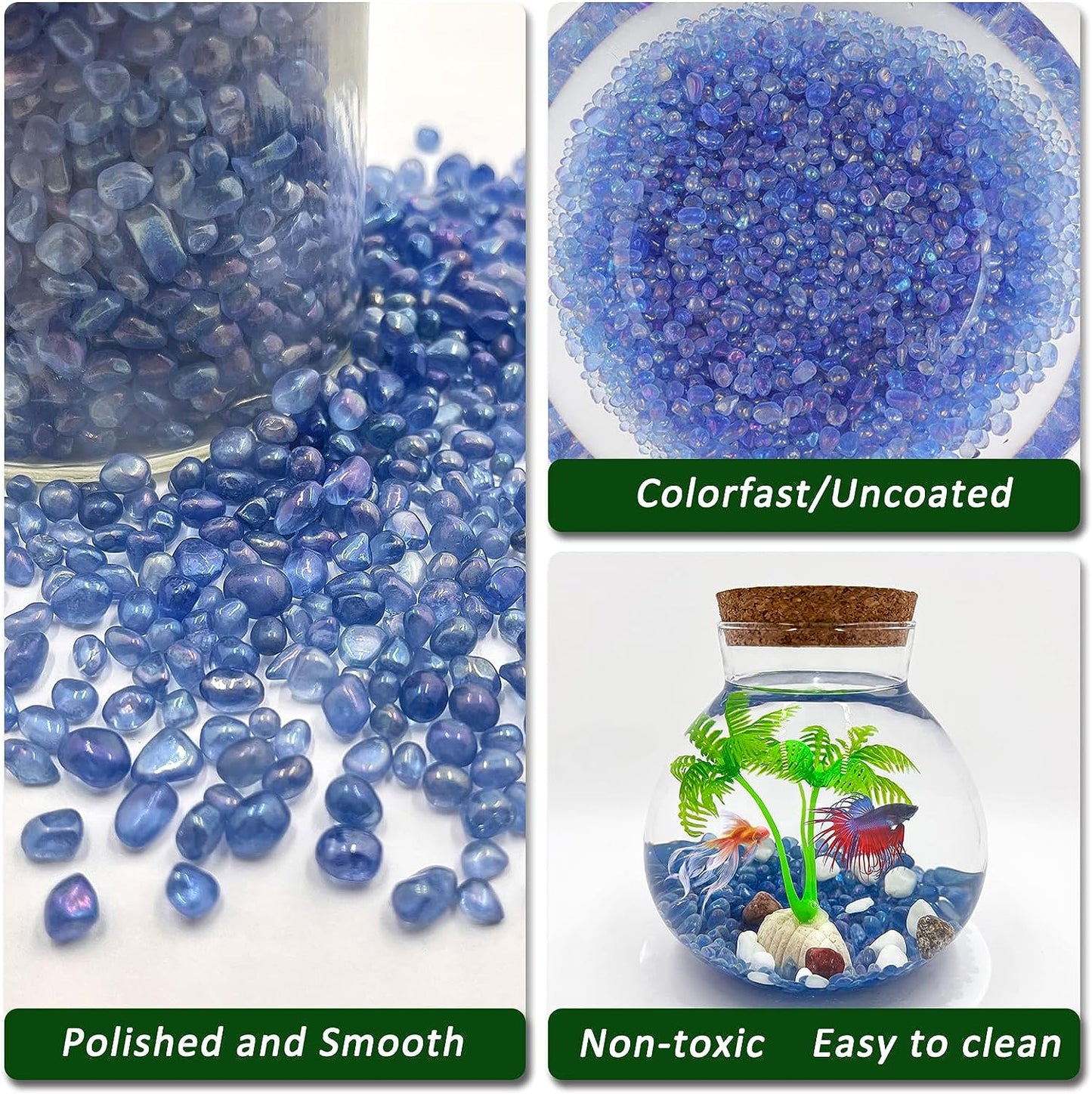 Vibrant Blue Sea Glass Aquarium Gravel - 2.2 Lbs Polished Smooth Decorative Stones for Fish Tanks, Vases, Fairy Gardens, and Potted Plants