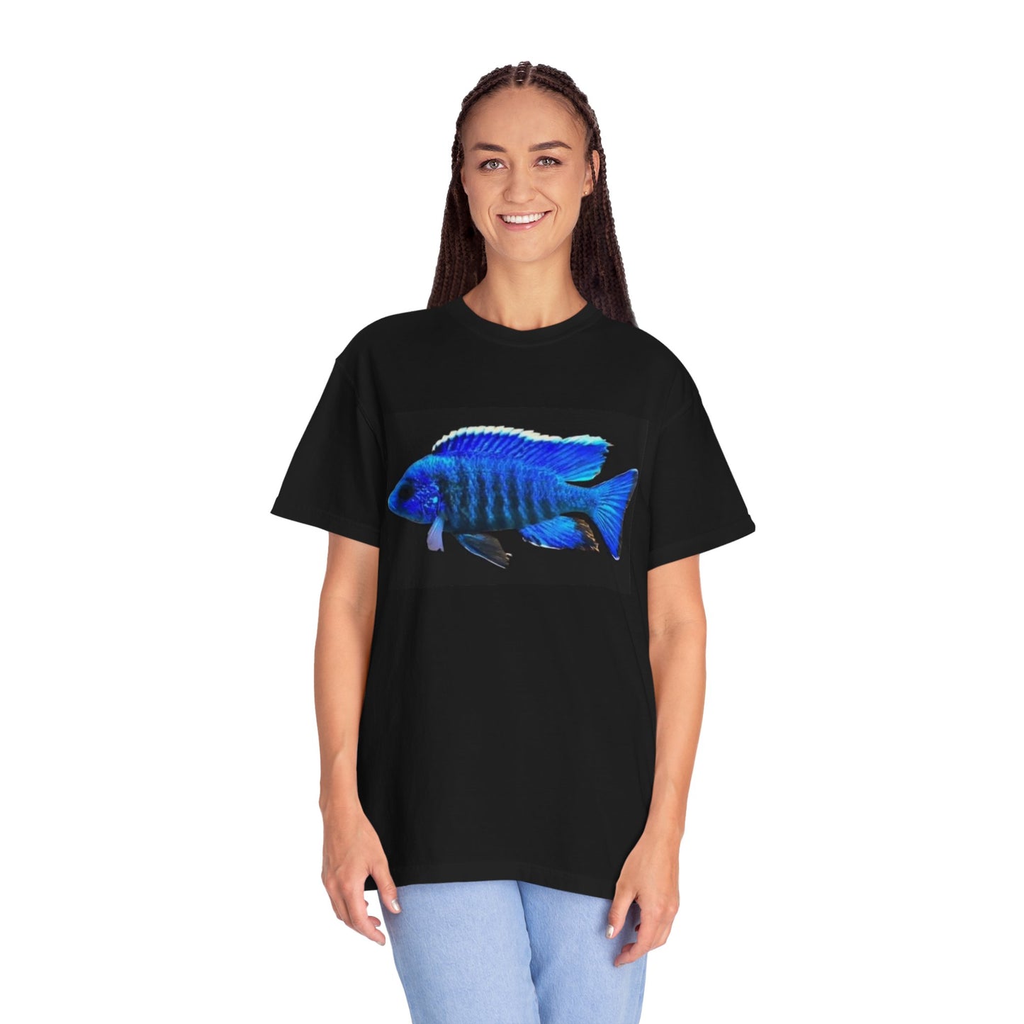 Fish Graphic T-Shirt — Blue Cichlid & "DAN.AQUA" Logo