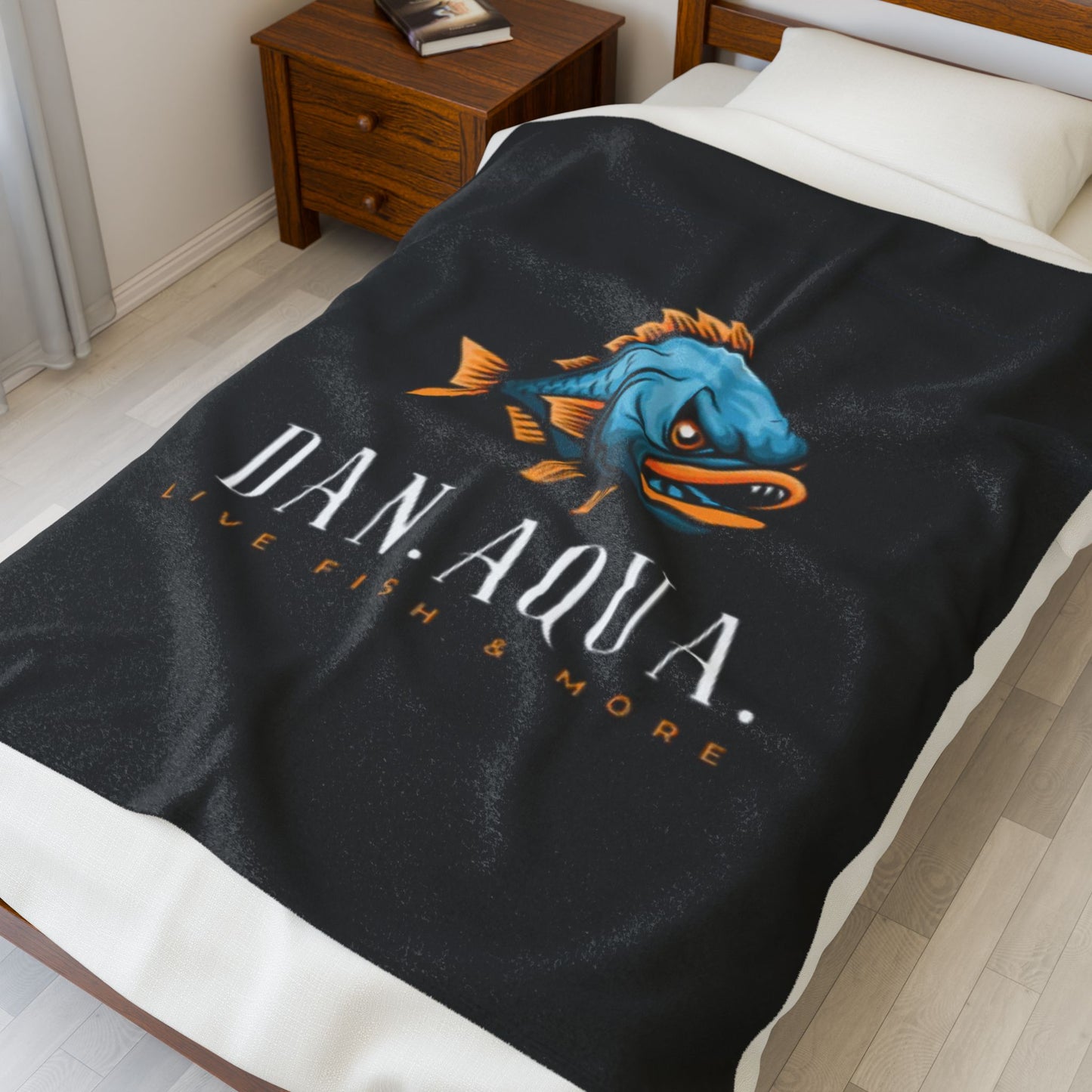Velveteen Plush Blanket — Dan.Aqua Angry Fish Logo Plush Blanket (Live Fish & More)