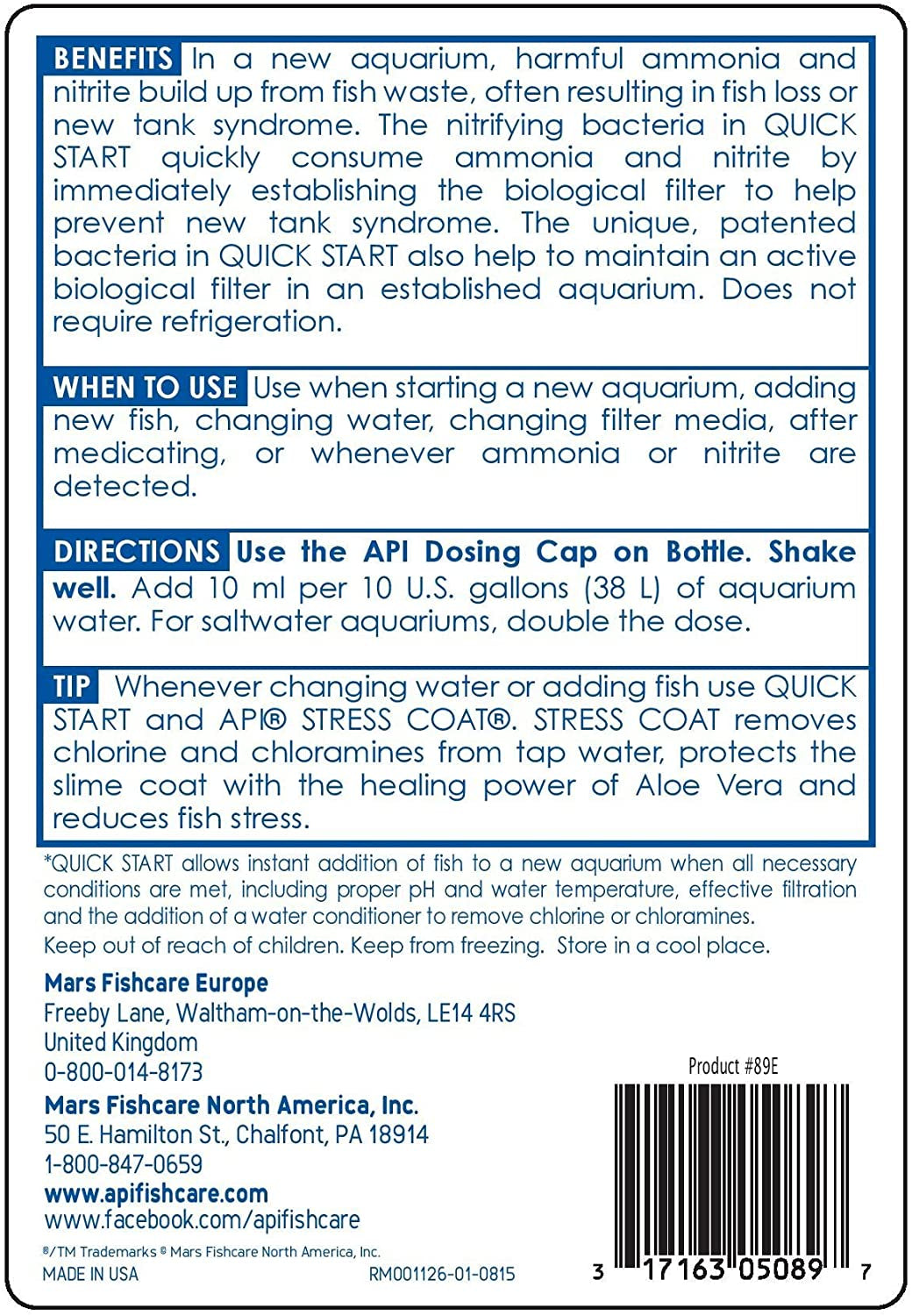 QUICK START Freshwater and Saltwater Aquarium Nitrifying Bacteria 16-Ounce Bottle