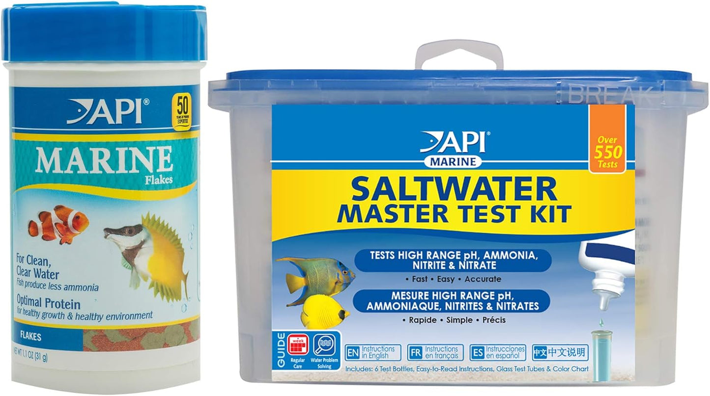 Marine Bundle Pack: One (1)  SALTWATER MASTER TEST KIT, One (1)  MARINE FLAKES Fish Food