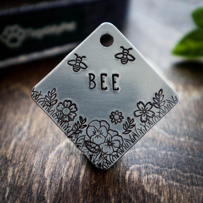 Bee and Flowers Design Handstamped - Pet ID Tag