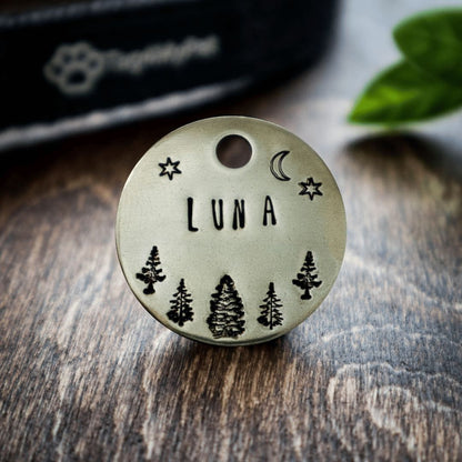 Moon and Trees Handstamped - Pet ID Tag