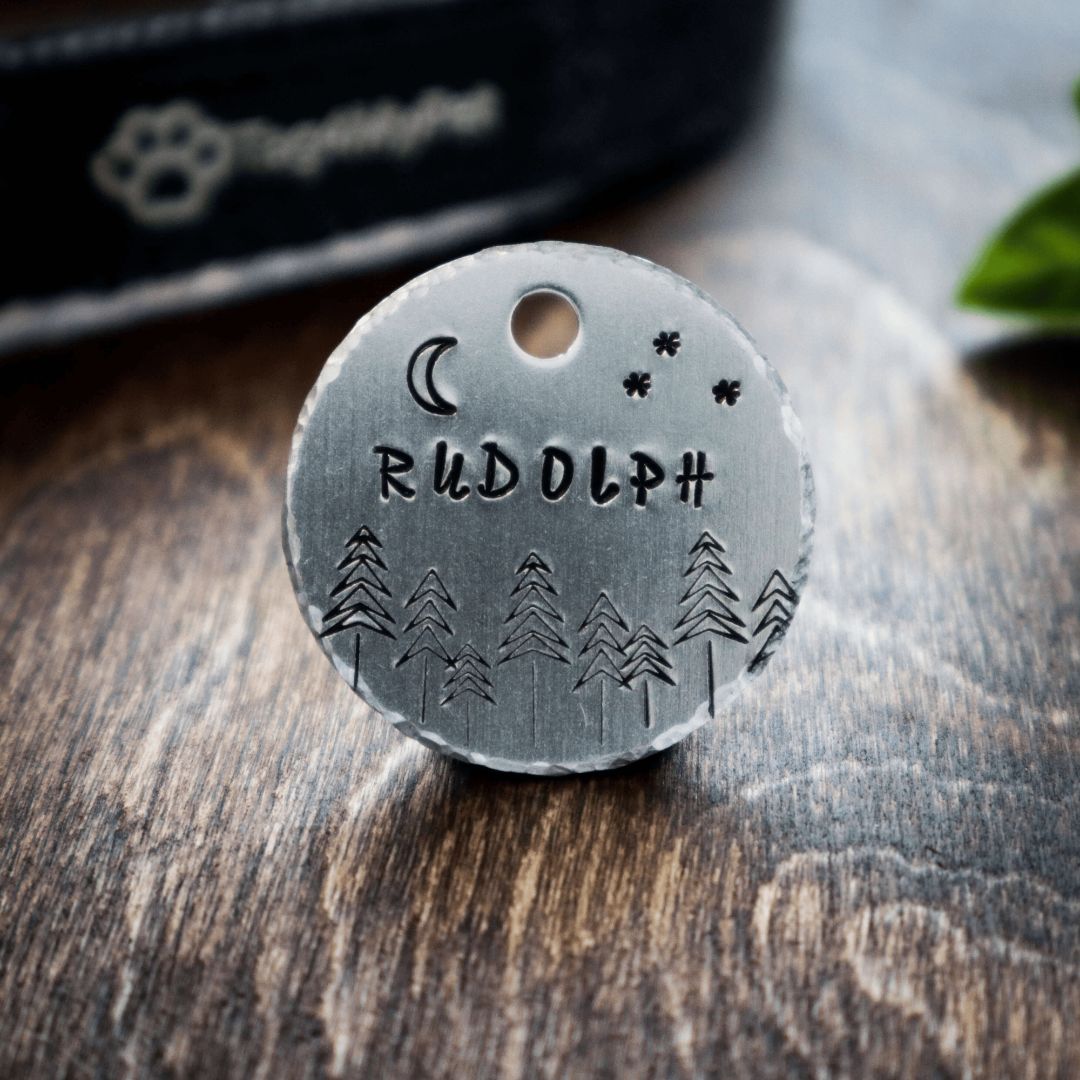 Moon and Forest Handstamped - Pet ID Tag