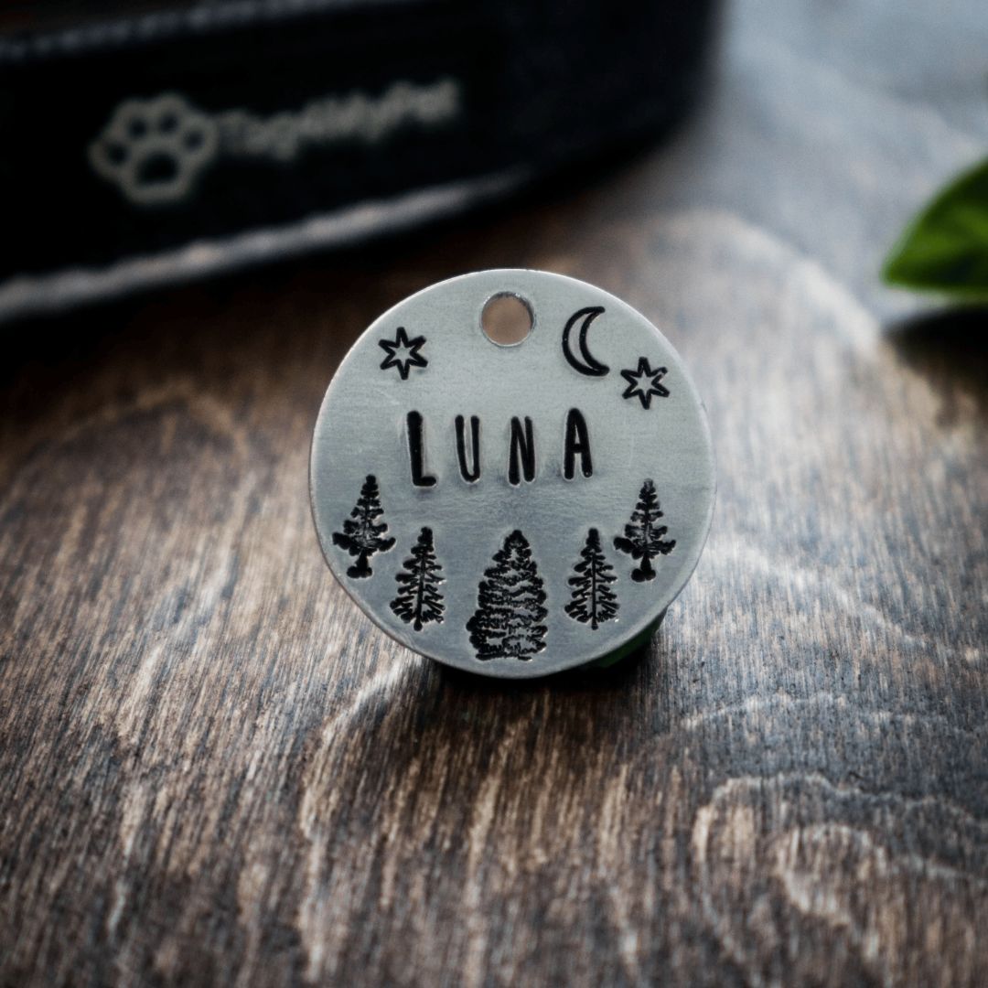 Moon and Trees Handstamped - Pet ID Tag