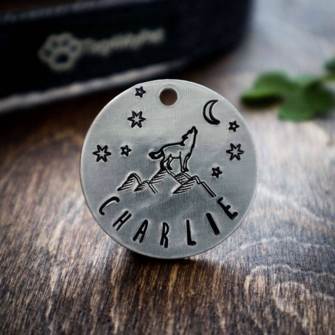 Wolf Design Handstamped - Pet ID Tag