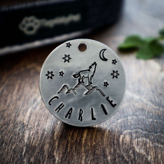 Wolf Design Handstamped - Pet ID Tag