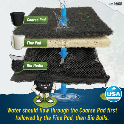 Pond Bundle - White Fine Filter Pad 12" x 72", Black Coarse FIlter Pad 12" x 72", 300 Count BioBalls with Mesh Bag