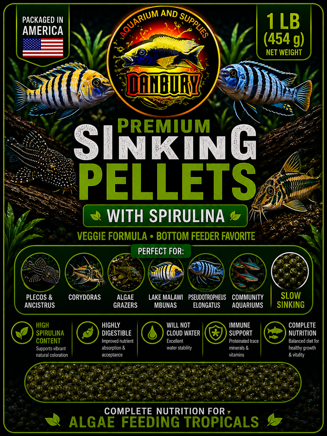 DANBURY AQUARIUM Premium Sinking Pellets with Spirulina BUY 2 GET FREE SHIPPING!