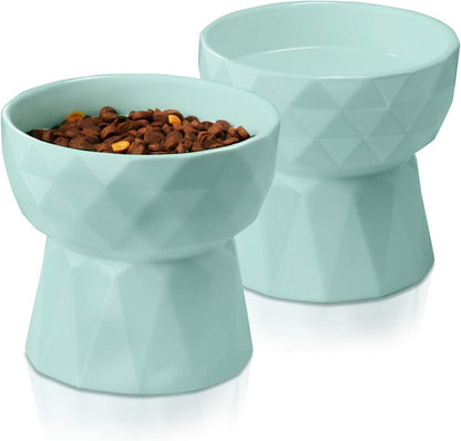 Elevate Mealtime with Our Anti-Vomiting Ceramic Cat Bowls - Stylish Raised Food and Water Set for Cats and Small Dogs, 13.5 Oz, Green