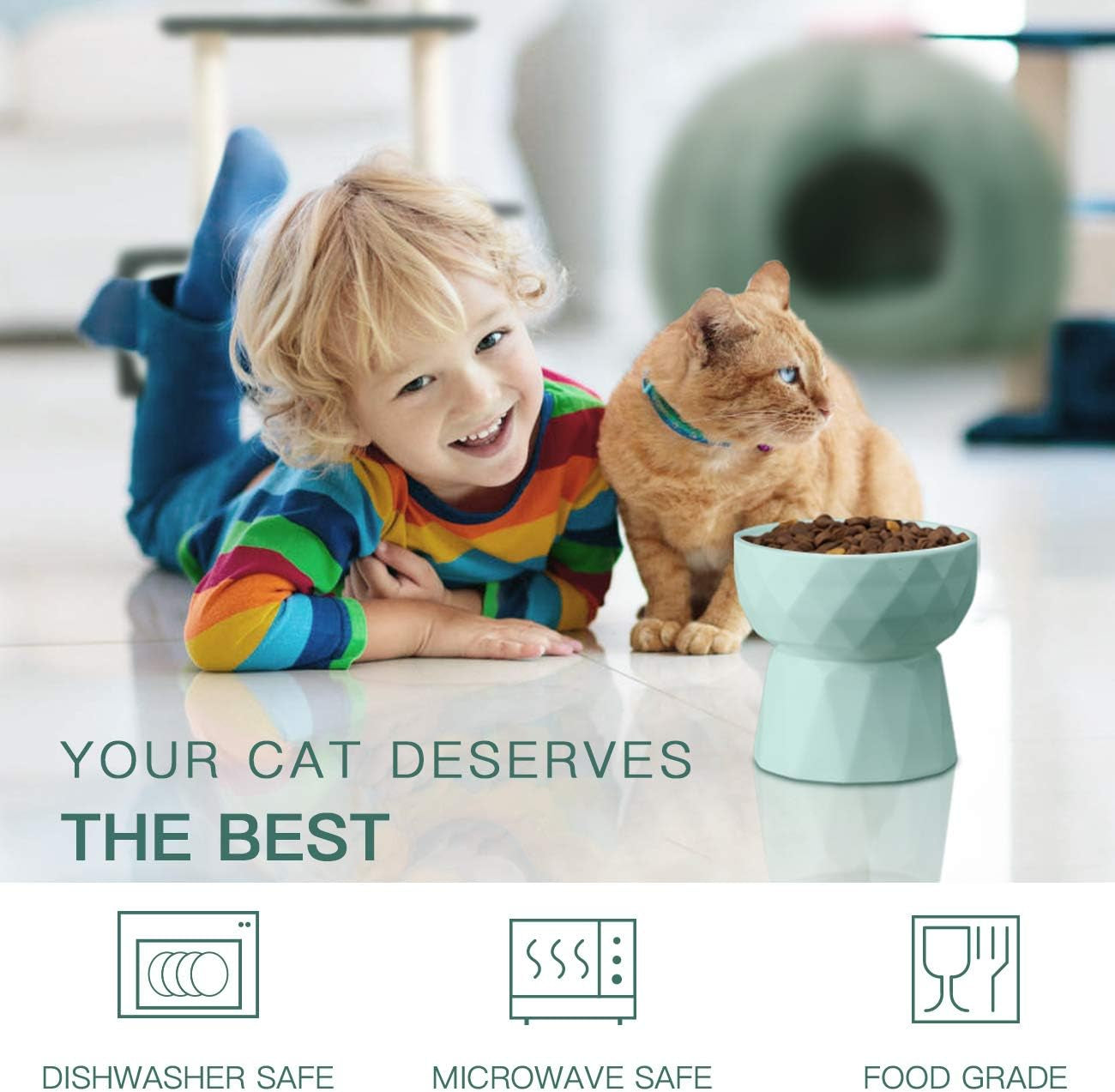 Elevate Mealtime with Our Anti-Vomiting Ceramic Cat Bowls - Stylish Raised Food and Water Set for Cats and Small Dogs, 13.5 Oz, Green