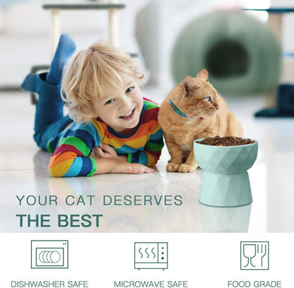 Elevate Mealtime with Our Anti-Vomiting Ceramic Cat Bowls - Stylish Raised Food and Water Set for Cats and Small Dogs, 13.5 Oz, Green