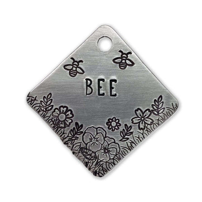 Bee and Flowers Design Handstamped - Pet ID Tag