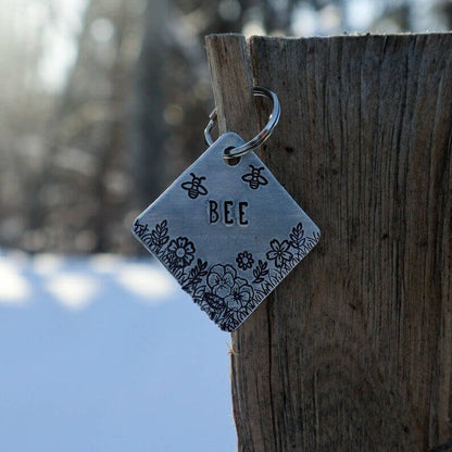 Bee and Flowers Design Handstamped - Pet ID Tag