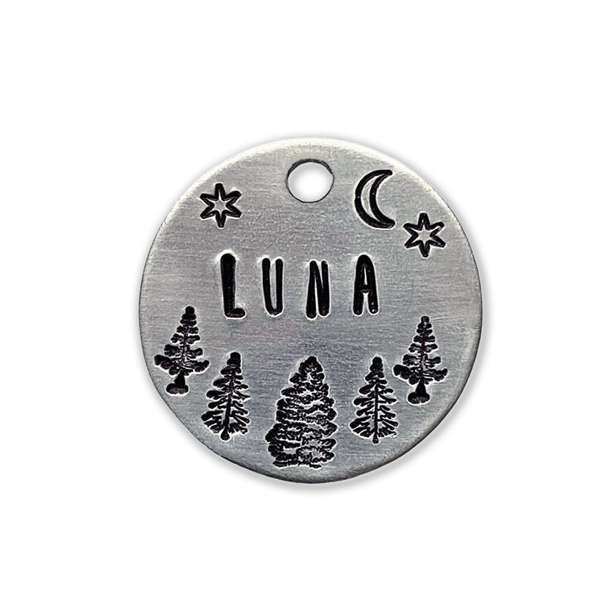 Moon and Trees Handstamped - Pet ID Tag