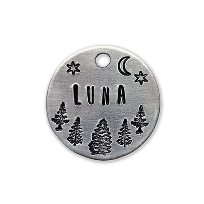 Moon and Trees Handstamped - Pet ID Tag