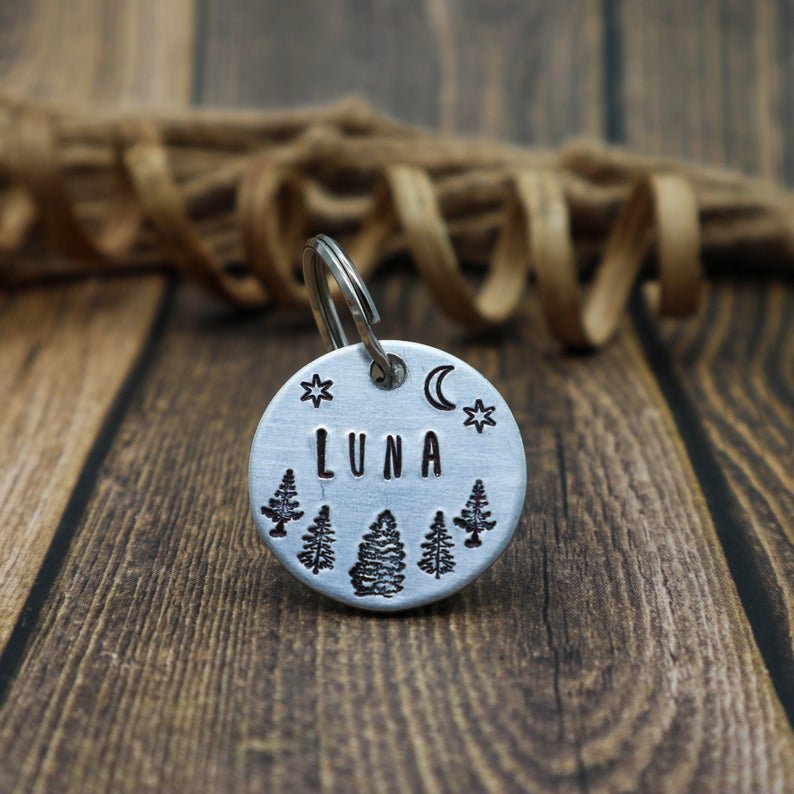 Moon and Trees Handstamped - Pet ID Tag
