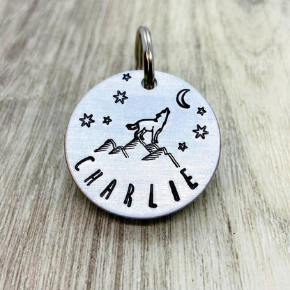 Wolf Design Handstamped - Pet ID Tag