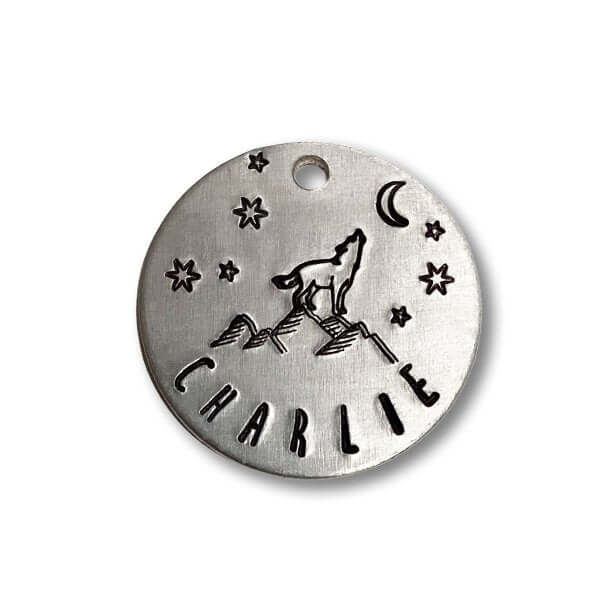 Wolf Design Handstamped - Pet ID Tag