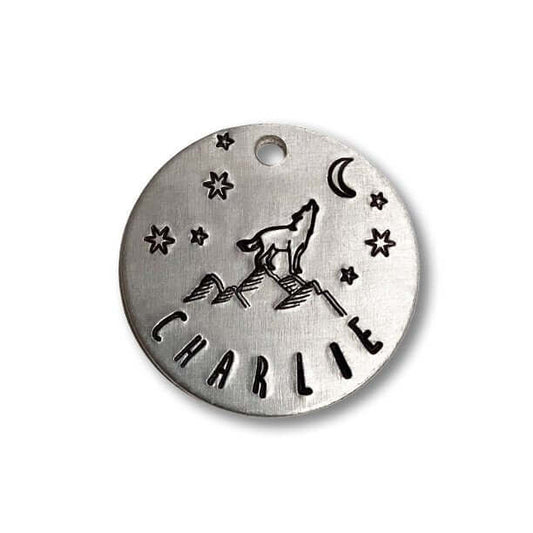 Wolf Design Handstamped - Pet ID Tag