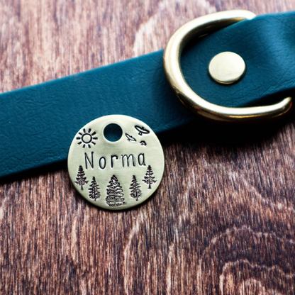 Norma Pines and Sun Handstamped - Pet ID Tag