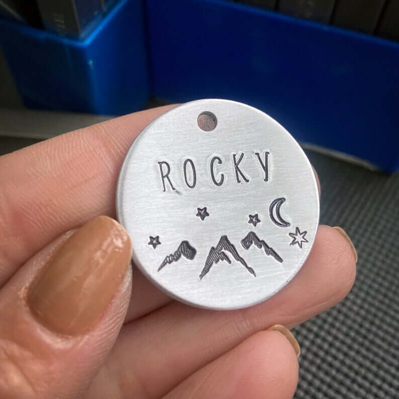 Rocky Mountains and Stars Handstamped - Pet ID Tag