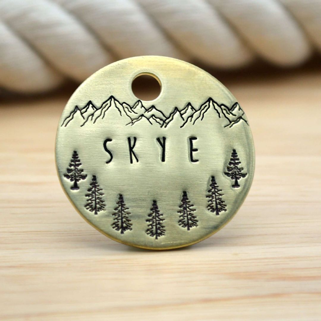 Mountains with Trees Handstamped - Pet ID Tag
