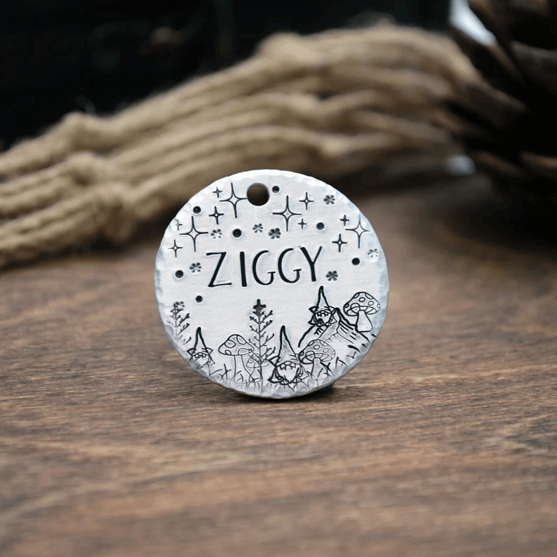 Ziggy Elves and Stars Handstamped - Pet ID Tag