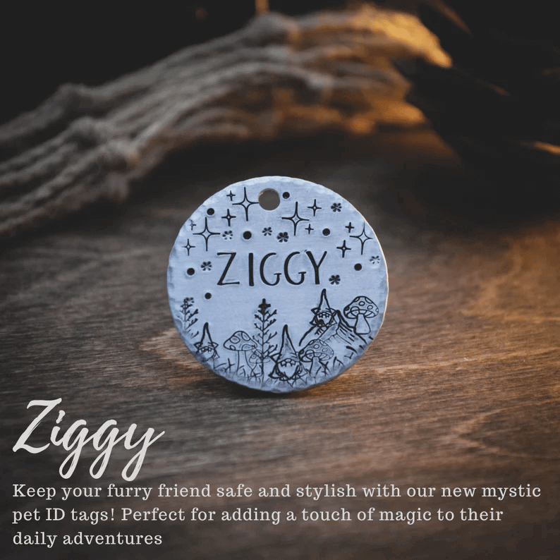 Ziggy Elves and Stars Handstamped - Pet ID Tag