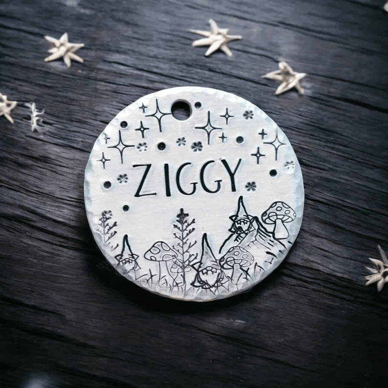 Ziggy Elves and Stars Handstamped - Pet ID Tag
