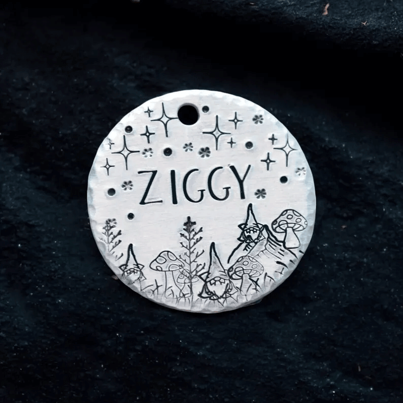 Ziggy Elves and Stars Handstamped - Pet ID Tag